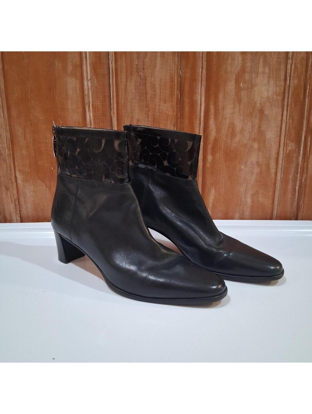 Brighton Trick Black Leather Ankle Boots Laser Cut Scroll Silver Zip Women's 8.5